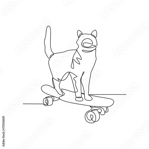 One continuous line drawing of a cat playing skateboarding at the skate park arena vector illustration. Skateboard sport activity illustration in simple linear style vector concept continuous line.