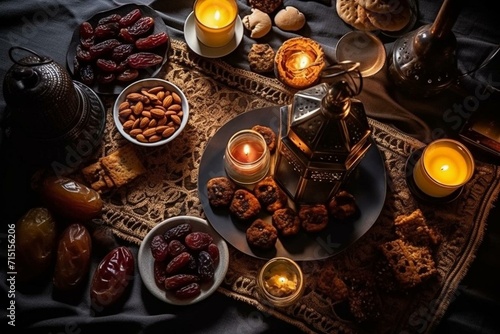 Top-down view of Muslim iftar feast featuring dried dates, nuts, sweet drinks, and a lantern lamp as decoration. Generative AI