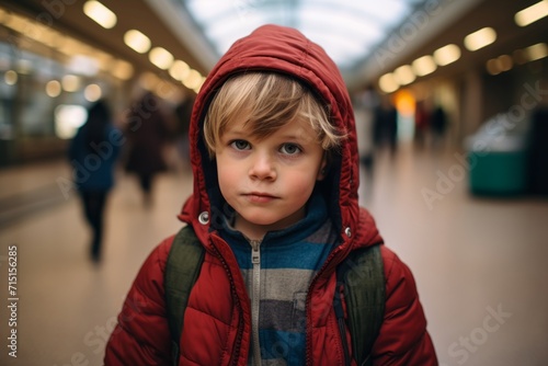 Portrait of a little boy in a red jacket on the background of the shopping center © Inigo