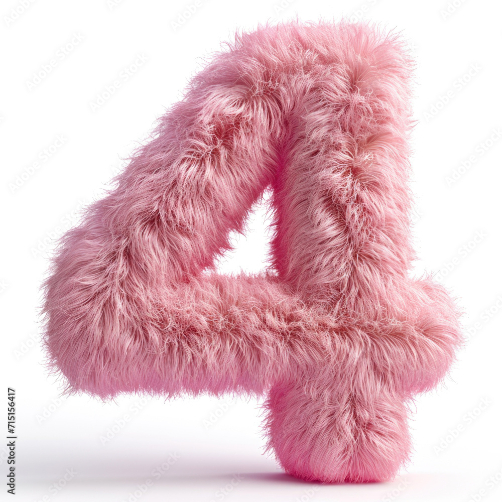 A pink fuzzy number four on a white background A pink fuzzy number four on a white background