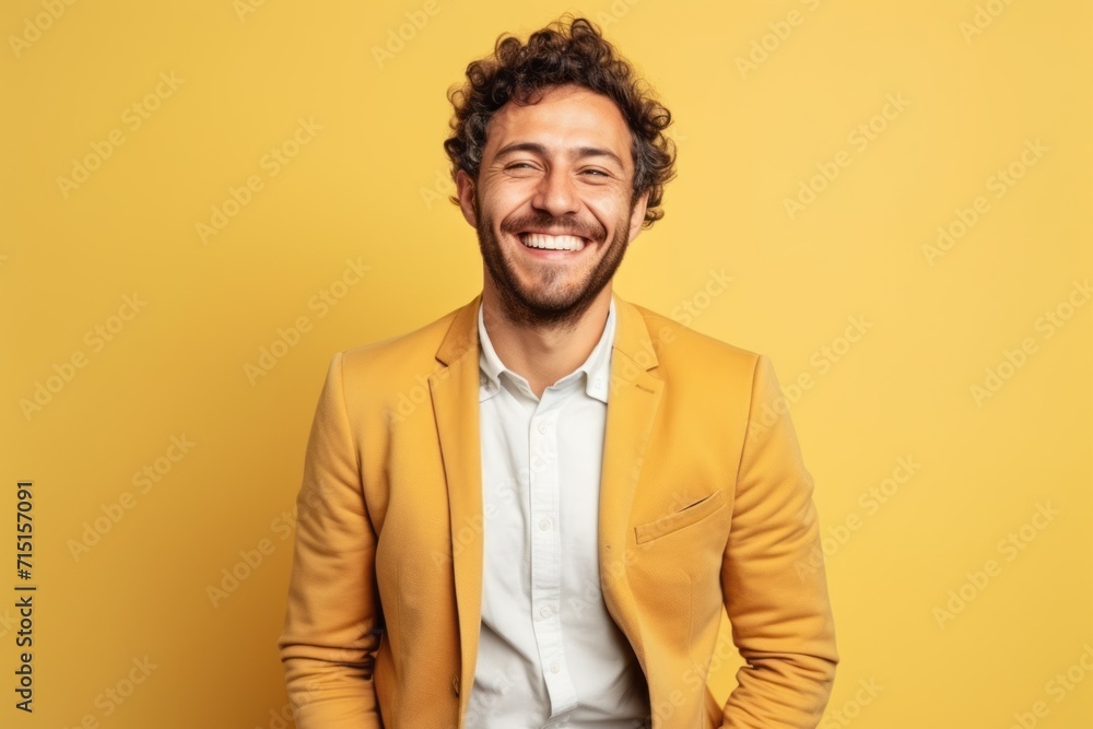 Portrait of a cheerful young man in yellow jacket on yellow background Portrait of a cheerful young man in yellow jacket on yellow background