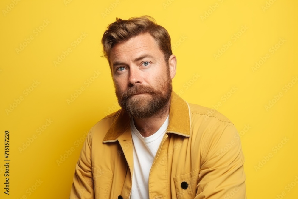 Portrait of handsome bearded man in yellow jacket over yellow background. Portrait of handsome bearded man in yellow jacket over yellow background.
