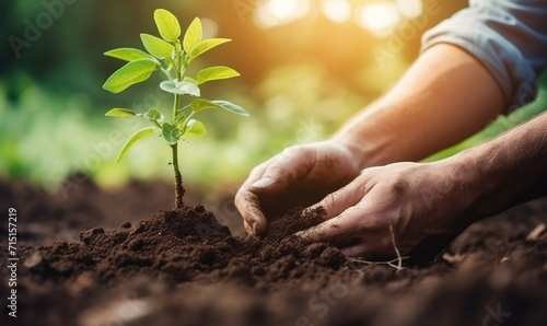 Close-up of a human hand holding a seedling including planting seedlings Earth Day concept, global warming reduction campaign and managing Growing young plants with sunlight.