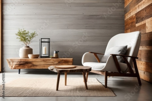 Nomadic interior home design of living room with wooden chair and barn wood edge table