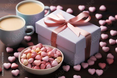 A wrapped Valentine's Day gift and small multicolor heart-shaped chocolates.