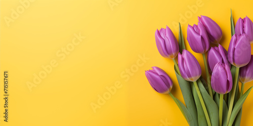 Banner with purple tulips on a yellow background. Greeting card template for wedding, mother's day, valentine's day or women's day. Spring composition with copy space. Flat style. High quality photo