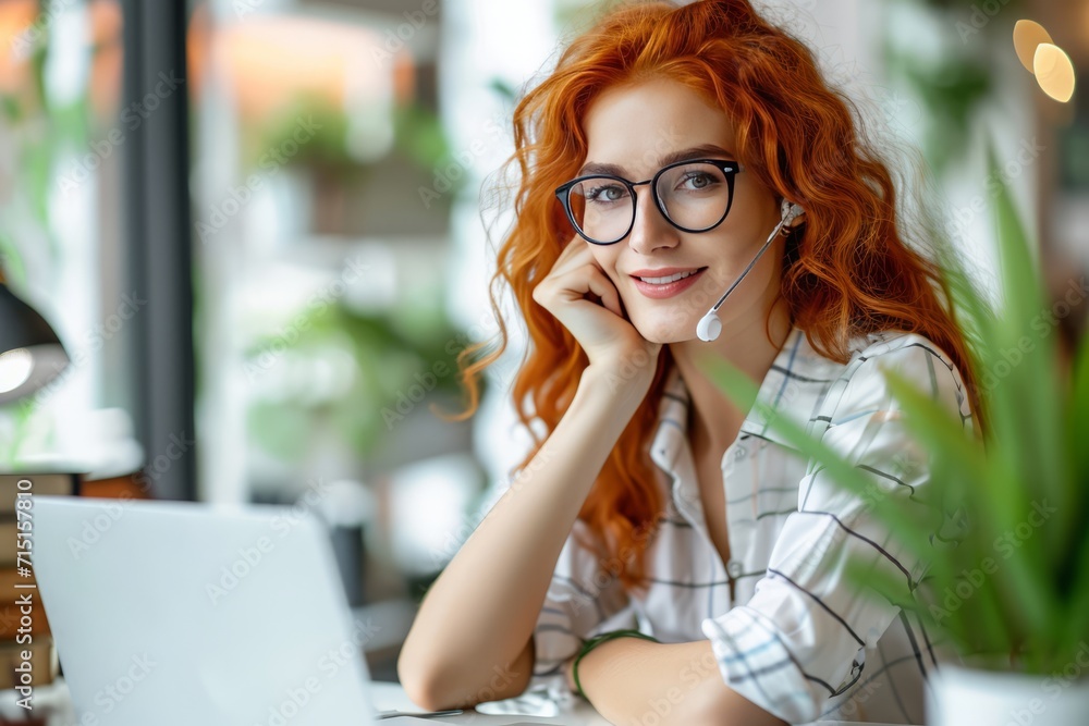 Attractive young redhead woman in eyeglasses using laptop in cafe Attractive young redhead woman in eyeglasses using laptop in cafe