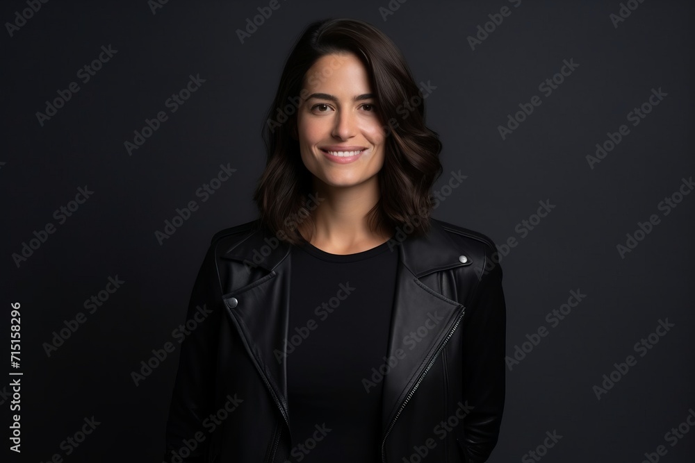 Portrait of a beautiful woman in leather jacket on a dark background