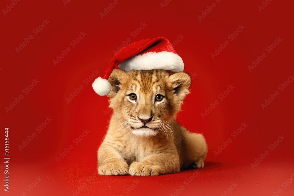 lion cub in santa hat isolated on red background lion cub in santa hat isolated on red background