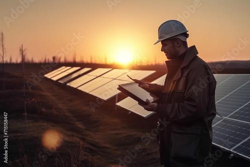 photovoltaic engineer working on solar panels in solar power plant