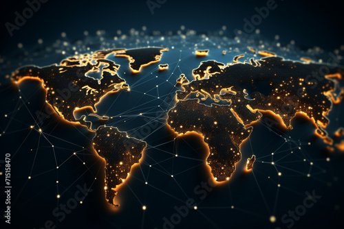 World map with glowing lines and dots. Global network connection concept. 