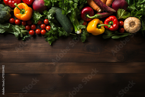 Fresh vegetables on wooden table. Healthy food background. Top view with copy space