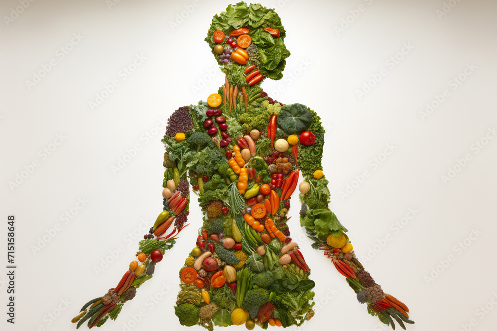Vegetables and fruits made in the shape of a human body