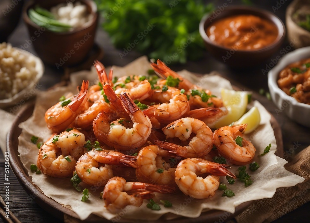 Seasoned grilled shrimp garnished with parsley on parchment Seasoned grilled shrimp garnished with parsley on parchment