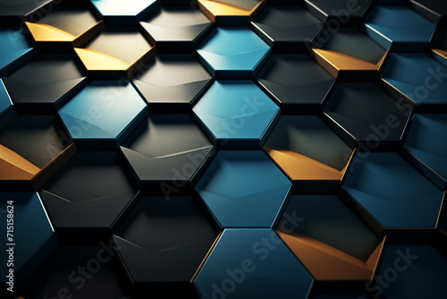 3d rendering of abstract metallic background with black and golden hexagons