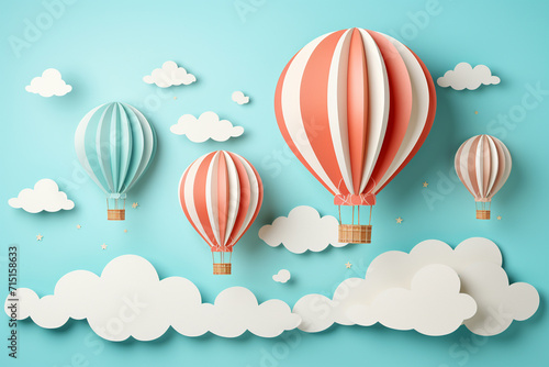 Hot air balloons sun and clouds made in realistic paper