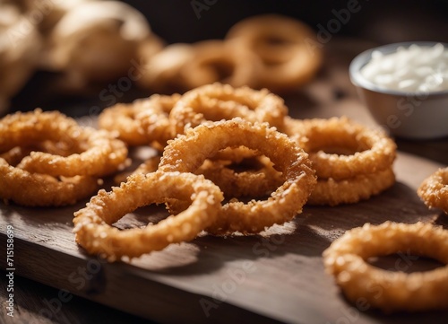 Fried onion rings on a wooden table in the garden. Selective focus.