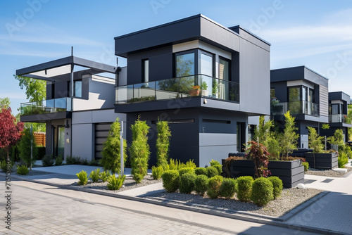 Modern, Luxury Apartment Building Exterior with Green Trees. © StockHaven