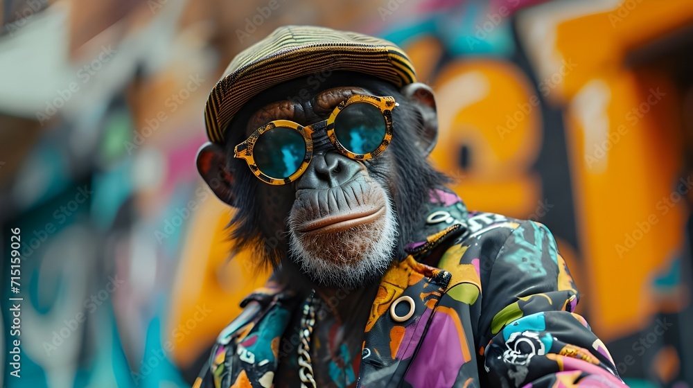 Hipster monkey in street fashion, 80s retro vintage pop culture quirky, eccentric style colorful outfit sunglasses cap accessory. Funny pet animal in costume humorous greeting card wallpaper concept.