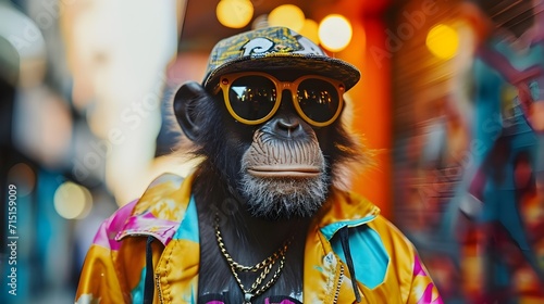Hipster monkey wearing a hip-hop-inspired 90s outfit, retro vintage fashion, pop culture quirky, eccentric style colorful jacket sunglasses gold chain. Funny pet animal in costume humorous concept. photo