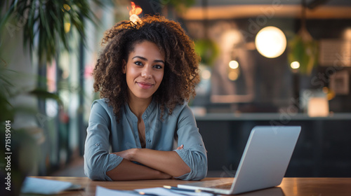 Portrait of a smiling business woman with her arms crossed with laptop genarative ai