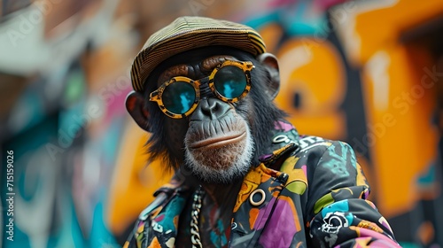 Hipster monkey in street fashion, 80s retro vintage pop culture quirky, eccentric style colorful outfit sunglasses cap accessory. Funny pet animal in costume humorous greeting card wallpaper concept. photo