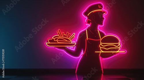 A neon light outline of a waitress holding a tray of burgers and fries representing the friendly and welcoming staff of the diner
