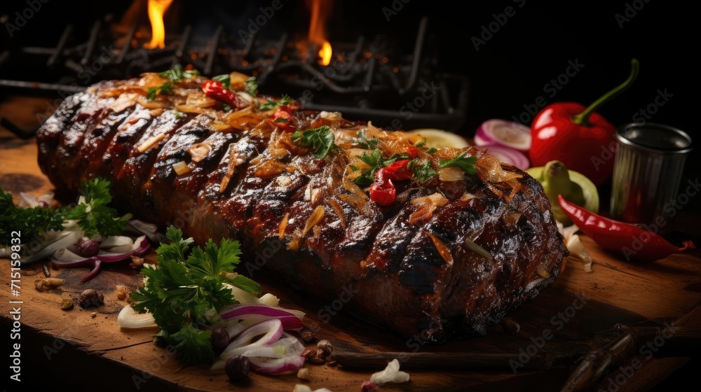 Delicious kebab full of meat and vegetables, black and blur background