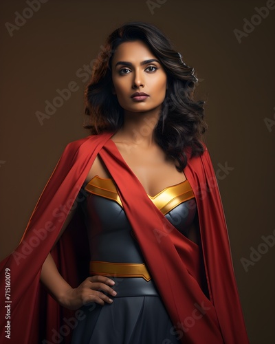 Confident Indian woman standing in epic pose in fluttering superman cape. Young attractive superwoman dressed in hero cloak on color modern background, powerful female concept