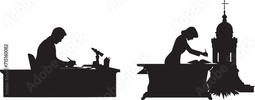 A  Man Writing in Office table silhouette vector illustration. Girl Sitting in a office black and white vector element.