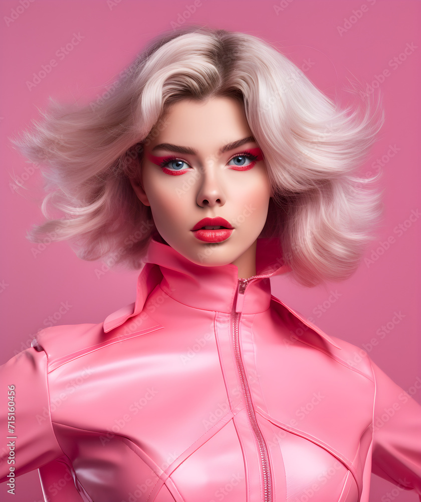 Portrait of young model teenage girl in stylish cosmic costume, in pastel pink white neon light. Cyber fashion futuristic portrait concept, banner, mobile phone wallpaper, Artificial Intelligence