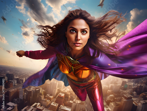 Powerful woman in a hero cape flying through air in superhero pose, confident and happy, multiethnic international women power concept, blue sky, city air view 