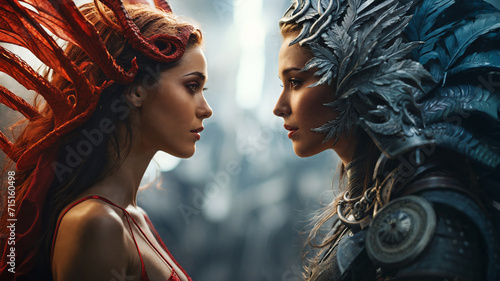 an angel and devil, warriors and feminism, good and bad deeds, internal conflict as enemies and friendship, caucasian woman, women age 30, side view, face each other photo