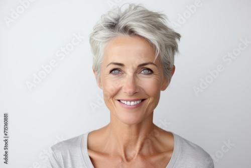 Portrait of happy mature woman with grey hair looking at camera.