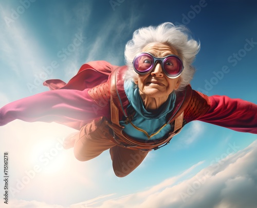 Old senior woman in a hero cape flying through air in superhero pose, confident and happy, international women power concept, blue sky, city air view 