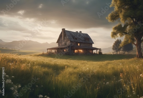 Peaceful Landscapes of a Farmhouse in the Middle of a Fields