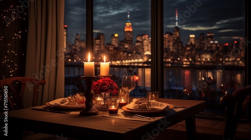A cozy candlelit dinner table with a view of city lights through a window. photo