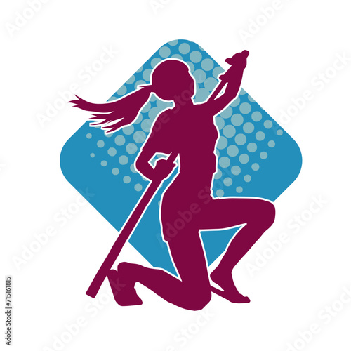 Silhouette of a female fighter in action pose carrying sword weapon.