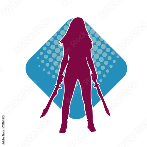 Silhouette of a female fighter in action pose carrying sword weapon.