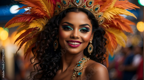 beautiful woman at brazilian carnival, isolated on bokeh background 