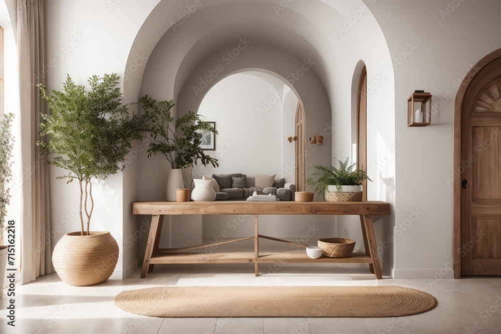 Fototapeta premium Interior home design of modern entrance hall with rustic console table and potted plants against beige wall