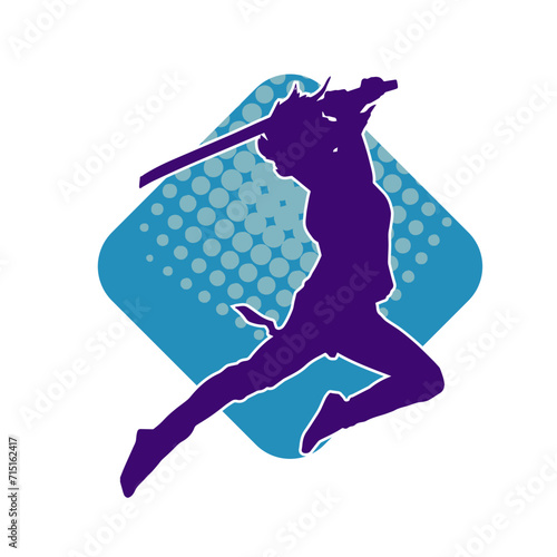 Silhouette of a female fighter in action pose carrying sword weapon.