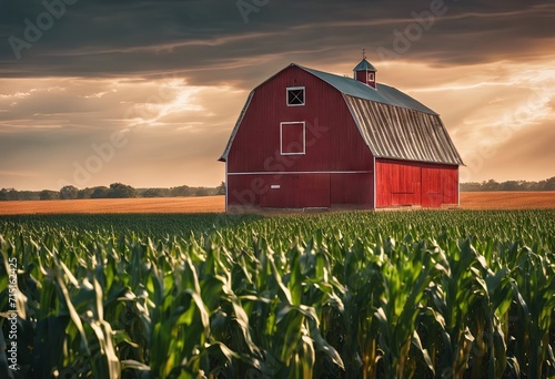 Peaceful Landscapes of a Red Barn in the Middle of a Beautiful Cornfield