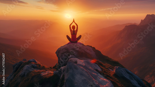 Panoramic view. Back view of slim woman in black sportswear doing yoga exercise on one leg in mountains. Concept of yoga time at sunset. 