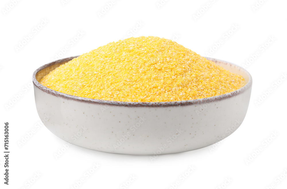 Raw cornmeal in bowl isolated on white Raw cornmeal in bowl isolated on white