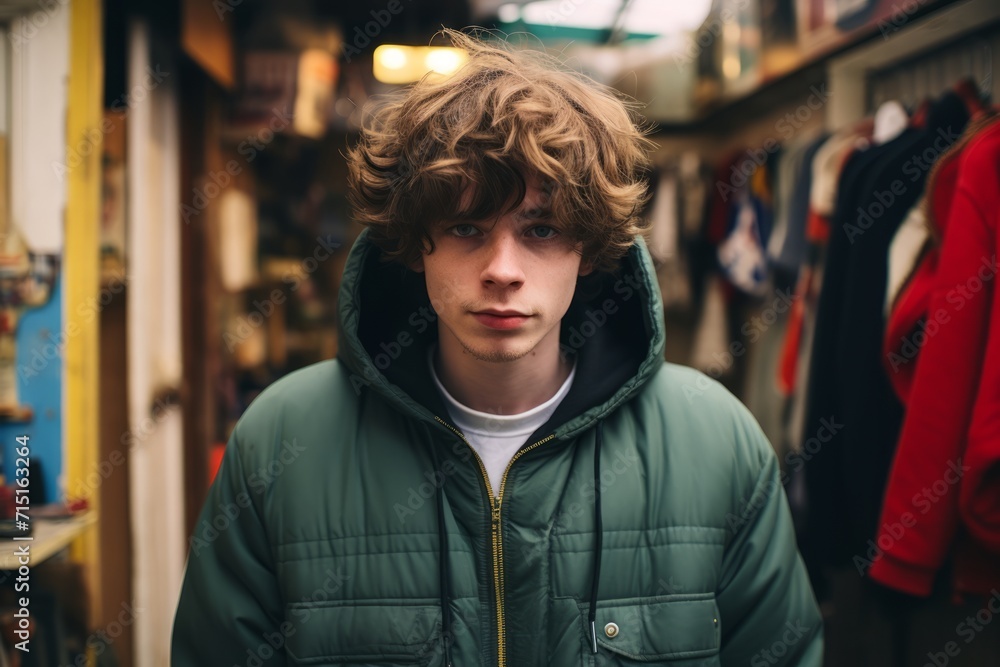 Portrait of a handsome young man with curly hair in the city Portrait of a handsome young man with curly hair in the city