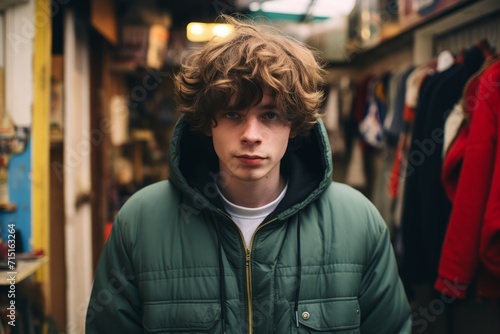 Portrait of a handsome young man with curly hair in the city