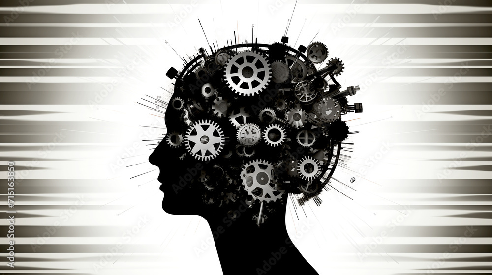 Silhouette of a Man with Gears in His Head - Biomechanical Intelligence - Surreal Illustration Silhouette of a Man with Gears in His Head - Biomechanical Intelligence - Surreal Illustration