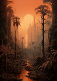 Mystical Tropical Forest in Light Orange and Dark Bronze