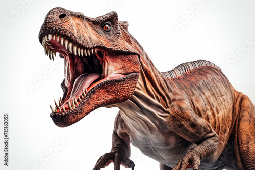 Close up of a roaring tyrannosaurus rex isolated on a white background. Generative AI © Lucas